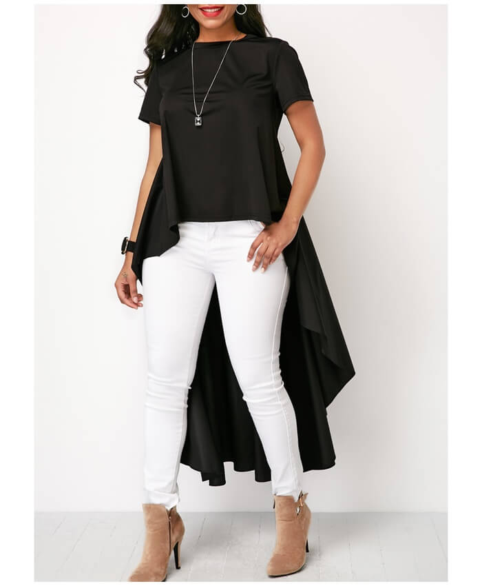 Round Neck Short Sleeve Black High Low Blouse